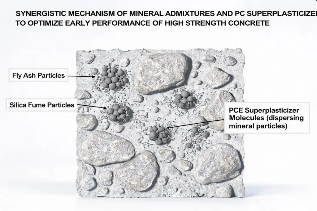 Synergistic Mechanism of Mineral Admixtures and PCE Superplasticizer to Optimize Early Performance of High Strength Concrete